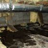 Fiberglass insulation dripping off a floor joist in a soaked crawl space with a think black liner in San Jose.